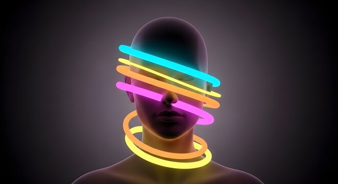 Futuristic human head wrapped in neon light bands. Cyberpunk fashion and digital consciousness. 3D character with vibrant glowing circles around eyes and neck