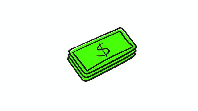 Cartoon green dollar money stack pop up bounce animation on white background, 4K UHD landscape, doodle style for finance, business, and wealth content overlays