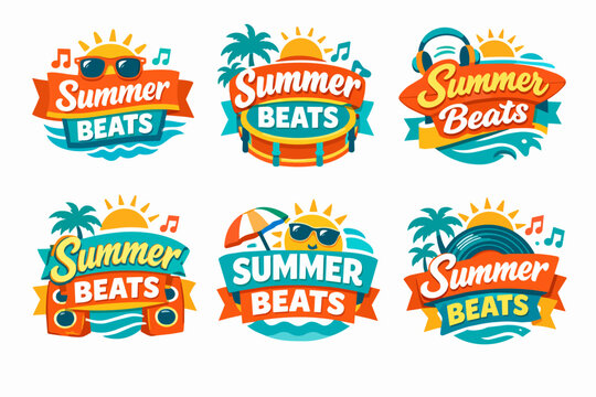 Summer beats music festival badges set with sun, palm trees, and audio elements for tropical party events