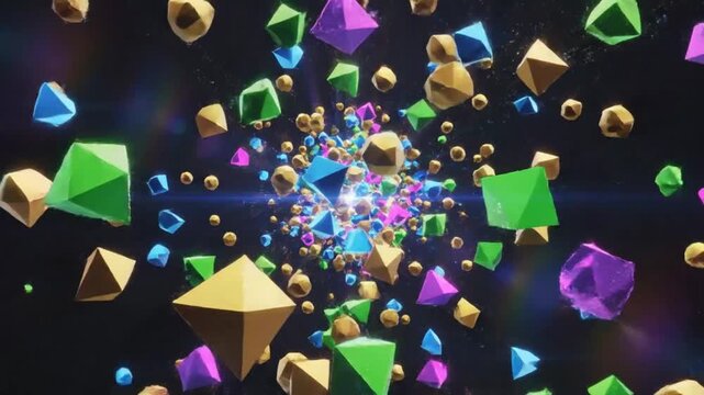 Abstract Geometric Burst with Floating Colorful Prisms and Golden Spheres on Black Backdrop