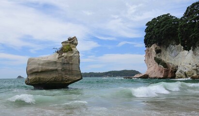 Obraz premium cathedral cove beach, surf, smiling sphinx rock, and cliffs at the cathedral cove marine reserve beach on the coromandel peninsula on the north island of new zealand, near hahei, on a sunny summer d