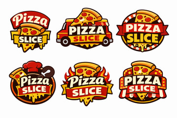 Naklejka premium Pizza slice logos for food businesses, including a delivery truck, chef hat, flames, and striped awning designs