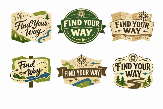 Find your way badges set, featuring adventure maps, compass roses, and forest landscapes, navigating journey concept