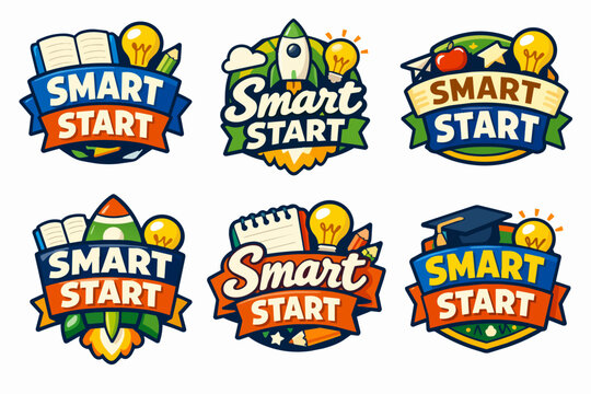 Smart start badges set illustrating early childhood education, school learning, innovation, and creative success