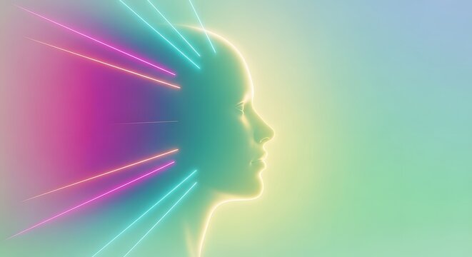 Profile of human head with neon energy rays. Speed of thought and fast data processing concept. Side view of a digital face with pink and blue laser lines emitting from the brain