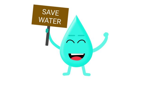 Animated water drop character holding a save water sign and cheering isolated on white and green screen backgrounds.