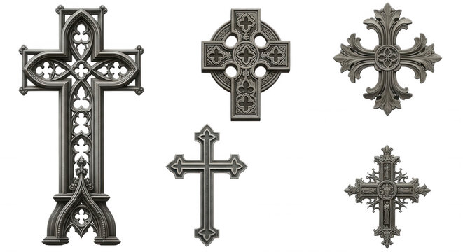 Set of five ornate stone-textured christian crosses featuring gothic, celtic, and decorative filigree patterns on a black background