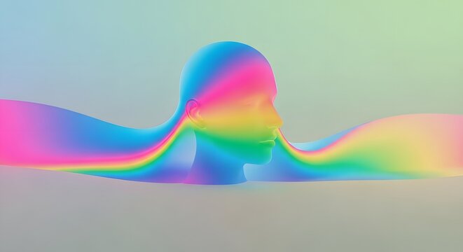 Stylized human head with flowing rainbow energy. Intellectual capacity and vibrant imagination. 3D profile view with colorful waves of thought.