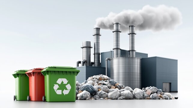 Factory emits smoke beside recycling bins. Green, red, and recycling containers stand side by side. Large pile of trash rests near industrial buildings. Smoke rises from tall metal chimneys