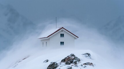 Fototapeta premium Snow blankets a lone cabin atop rugged peaks. Clouds swirl around the structure, obscuring the sky. Red roof contrasts starkly against white surroundings