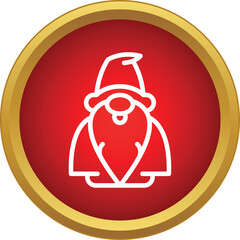 Fototapeta premium Gnome icon inside a round red button with gold border, representing christmas