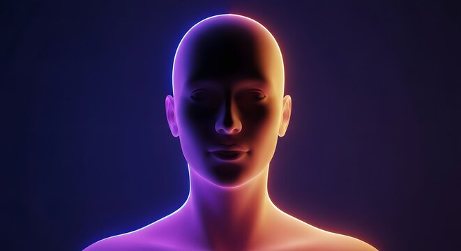 Abstract human silhouette with vibrant neon light contours. Artificial intelligence and digital identity. Cybernetic entity glowing with purple and orange aura in dark space