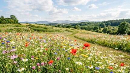 Obraz premium Beautiful wildflower meadow with colorful blooms, fresh natural landscape and cheerful seasonal atmosphere for background, wellness and nature themes, soft natural light, realistic floral detail, airy