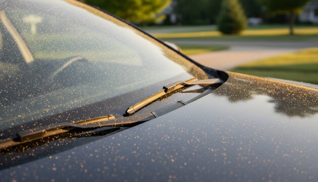 Close up of a black pollen covered car parked outdoors during sunset, representing the seasonal summer allergies concept for healthcare, environmental, and cleaning topics