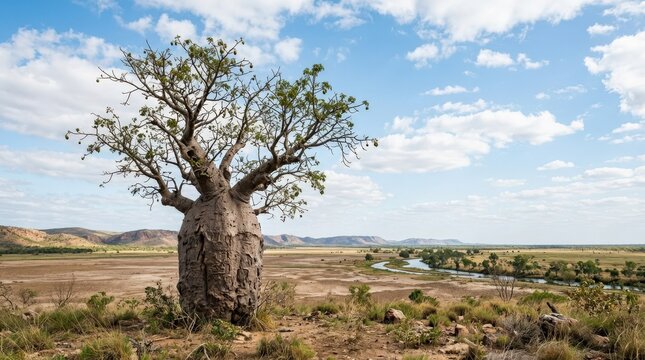 Boab tree on the flood plains, striking Australian landscape with sculptural trunk, open sky and remote natural atmosphere in a bright scenic composition, soft natural light, realistic detail, clean