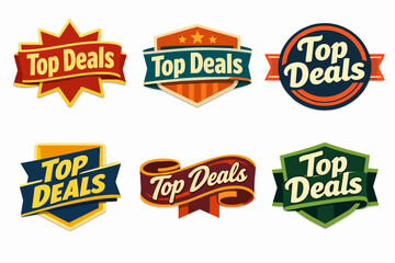 Fototapeta premium Top deals badges and labels set for promoting special offers, sales, and discounts, featuring retro and vintage style design elements