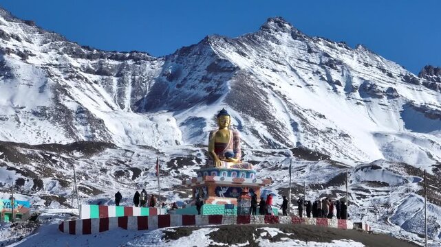 Aerial view of Buddha statue at Langza village in Spiti Valley Himachal Pradesh India