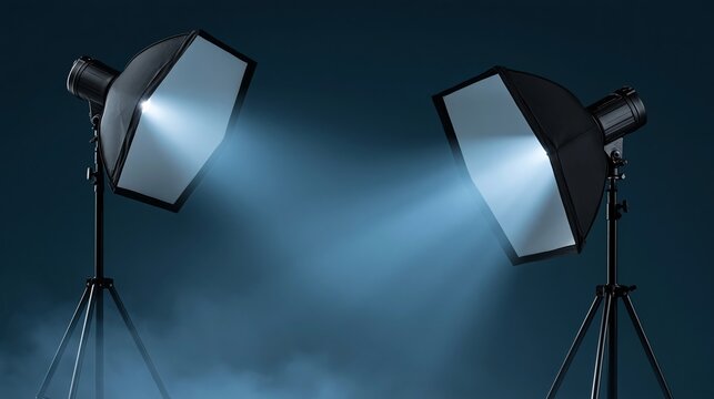 Two studio lights shine beams against a dark backdrop. Soft mist drifts beneath their focused glow. Professional equipment illuminates for creative shoots