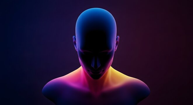 Silhouette of a human head looking down with vibrant blue and pink lighting. Artificial intelligence and digital sorrow concept. Dark figure portrait with colorful neon glow.