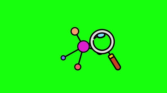 Magnifying glass icon and network of connected dots, animation of network analysis and connection symbol, data, Internet. HD video with chroma key, green screen for transparent background.