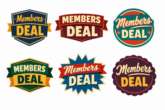 Six retro-style members deal badges and labels providing promotional discounts and exclusive offers for loyal customers