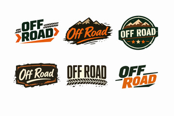 Obraz premium Off road vector logo set illustrating adventure, extreme driving, and all-terrain lifestyle with tire tracks and mountains