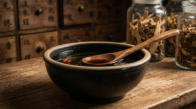 A rustic shot of Guilinggao served in a traditional heavy stoneware bowl with a wooden spoon. The background is a softly blurred herbal apothecary with rows of wooden drawers and jars of dried roots. 