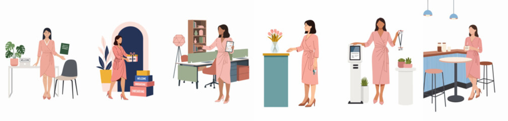 Fototapeta premium Flat Vector Illustration Set of a Woman in Pink Dress Demonstrating Various Office Onboarding and Workplace Scenes for New Employees.