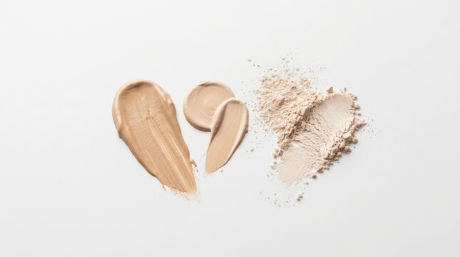 Matte concealer, foundation and powder smudges on clean white background, commercial Adobe Stock image, strong searchable concept, unbranded scene, clean copy space, authentic detail, balanced