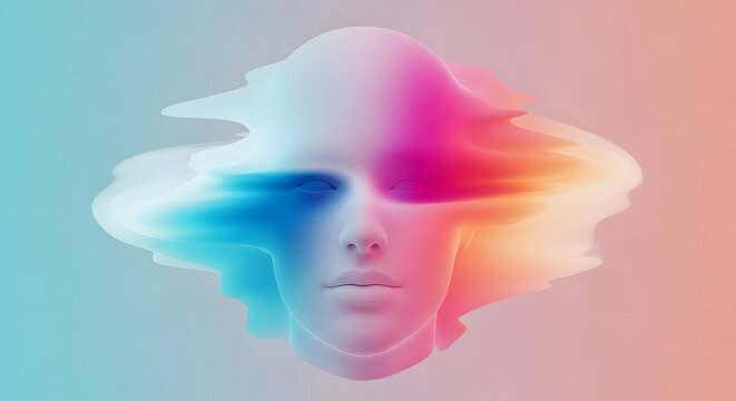 Humanoid face with liquid melting distortion effects. Glitch art and digital transformation concept. 3D female head dissolving into colorful fluid waves on pastel background