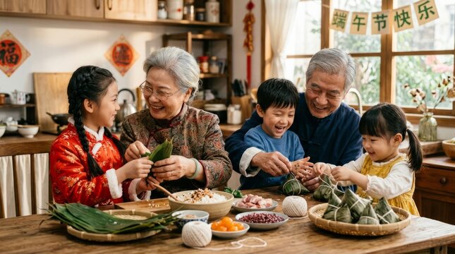 Grandparents and Children Making Zongzi Together for Dragon Boat Festival