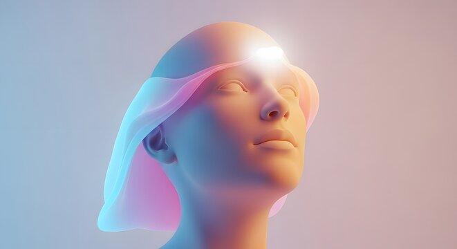 Third eye awakening on a human head. Intuition and higher consciousness. 3D character with a glowing forehead representing spiritual insight and mindfulness.