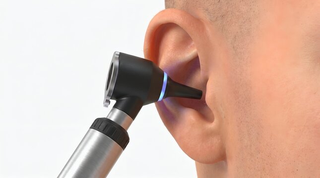 Close-up of ear examination with otoscope, medical professional checking ear canal