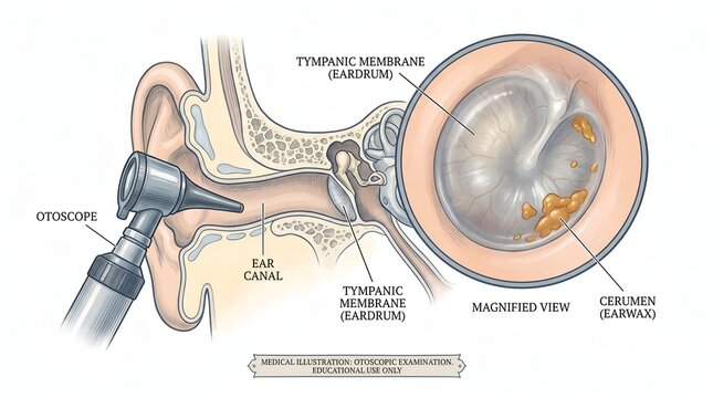 Detailed illustration of ear anatomy with otoscope and magnified eardrum view