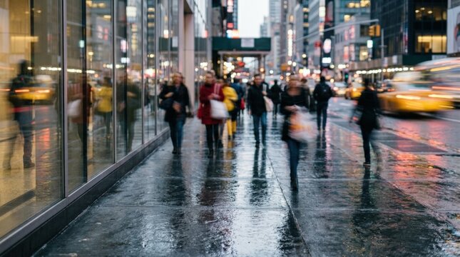 Abstract motion blur photo of people reflections in urban NYC, refined abstract background for branding, modern editorials and polished depth, clean composition, airy atmosphere, elegant framing,