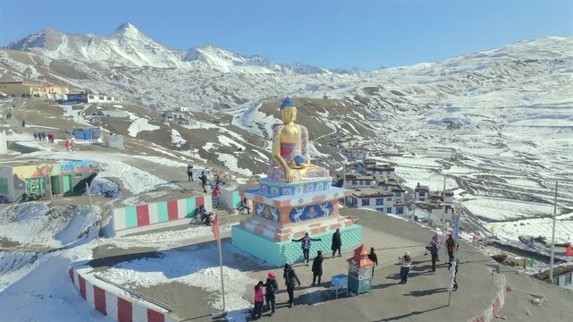 Aerial view of Buddha statue at Langza village in Spiti Valley Himachal Pradesh India