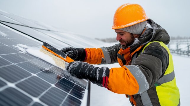 Cleaning snow off solar panels by worker in winter renewable energy maintenance outdoor environment close-up view sustainability efforts