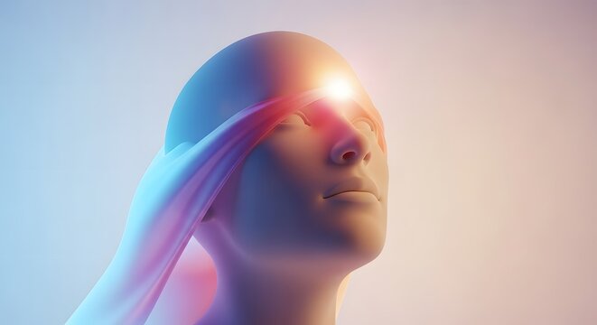 Close up of human face with glowing third eye. Spiritual energy and psychological depth. Profile view of a 3D model experiencing enlightenment and mental clarity.