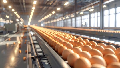 Naklejka premium Automated conveyor belt system processing a large quantity of fresh eggs in a brightly lit factory setting