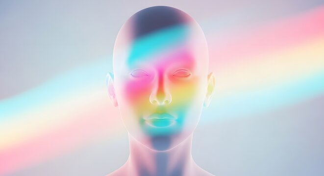 Glowing human face with rainbow energy waves. Emotional intelligence and cognitive science concept. Front view of a head with vibrant light effects and spectral colors