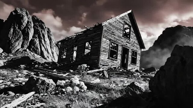 Black and white shot of an abandoned wooden house surrounded by rocks and vegetation with a dramatic sky