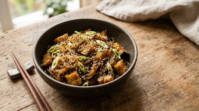 Fried eggplant with funchosa noodles teriyaki sauce and sesame seeds, homemade Asian style meal, natural light, clean commercial food styling, neutral unbranded tableware, appetizing realistic