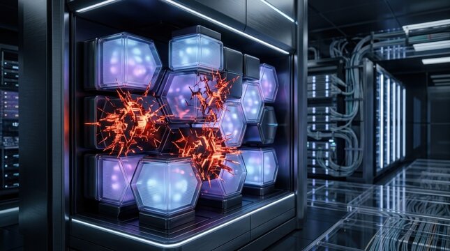 Malicious Code Over Modular Data Blocks, futuristic technology and data infrastructure concept for enterprise branding, software campaigns and editorial storytelling, sleek surfaces, luminous depth,