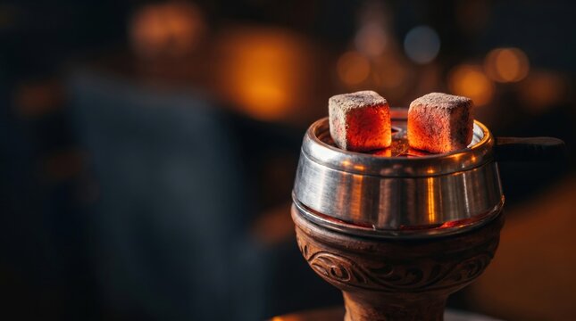 Close-up of glowing red hot coals on a hookah bowl in a dim setting.