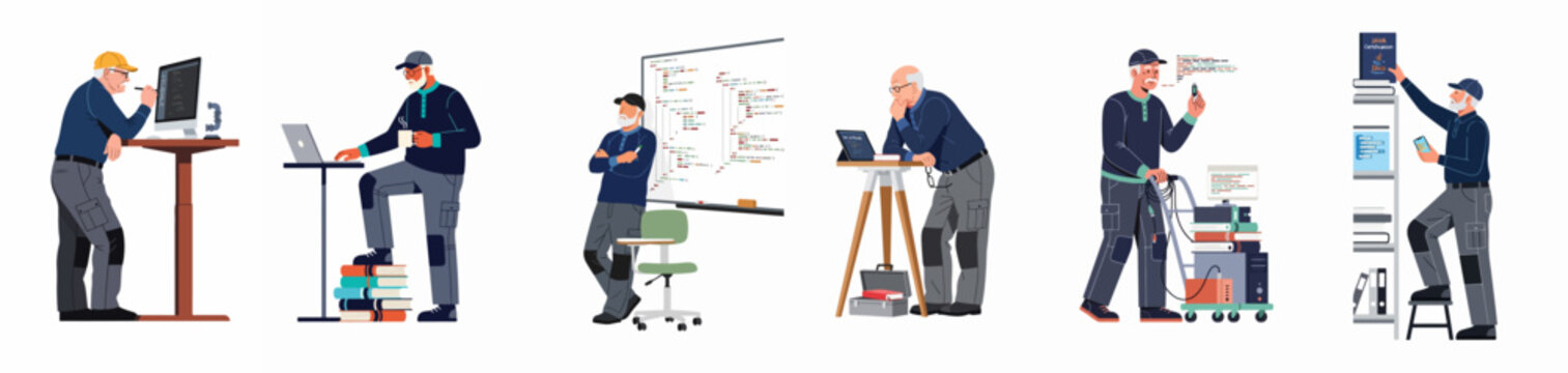 Set of senior men engaged in various technology and programming tasks, showcasing lifelong learning and silver economy in the tech industry.