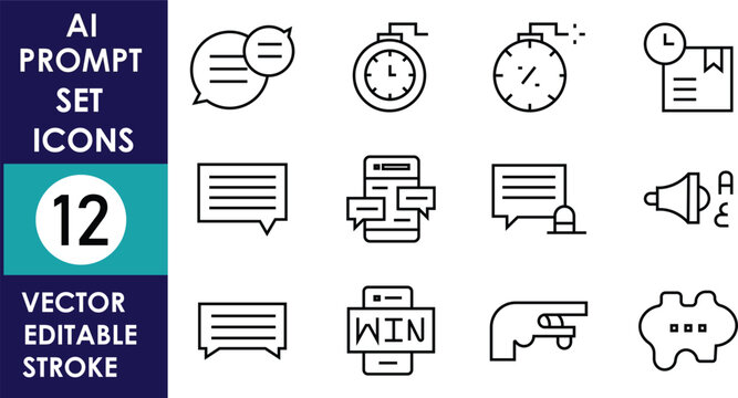 Minimal vector icon set featuring AI prompt tools, chat bubbles, timers, presentation screens, windows, and interface symbols in editable stroke style for digital applications