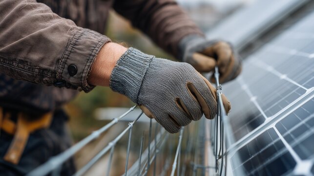 Technician fitting bird mesh to rooftop solar panel to prevent nesting and droppings, showing hands, gloves, wire mesh and panel edge - bird proofing for solar array.