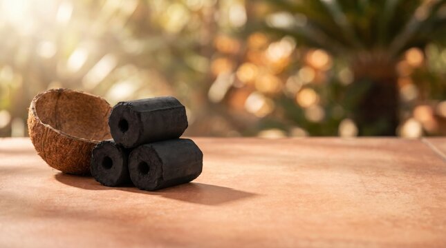 Coconut Shell Charcoal Briquettes and Half Coconut on Wooden Table with Blurred Background.
