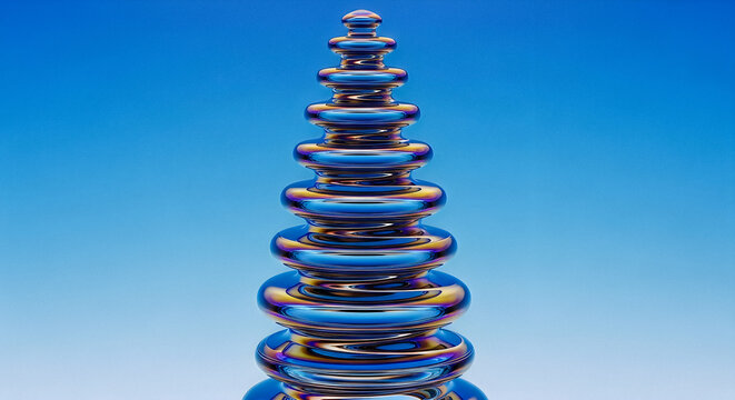 Abstract stack of iridescent metallic rings creating conical tower shape against blue gradient background art work.