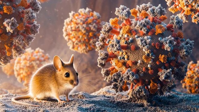 Wild rodent beside large infectious virus molecules in 3D medical scene
